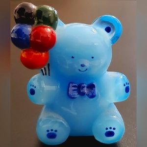 Vntg Boyd "Patrick the Bear" Opaque Baby Blue Handpainted Slag Glass